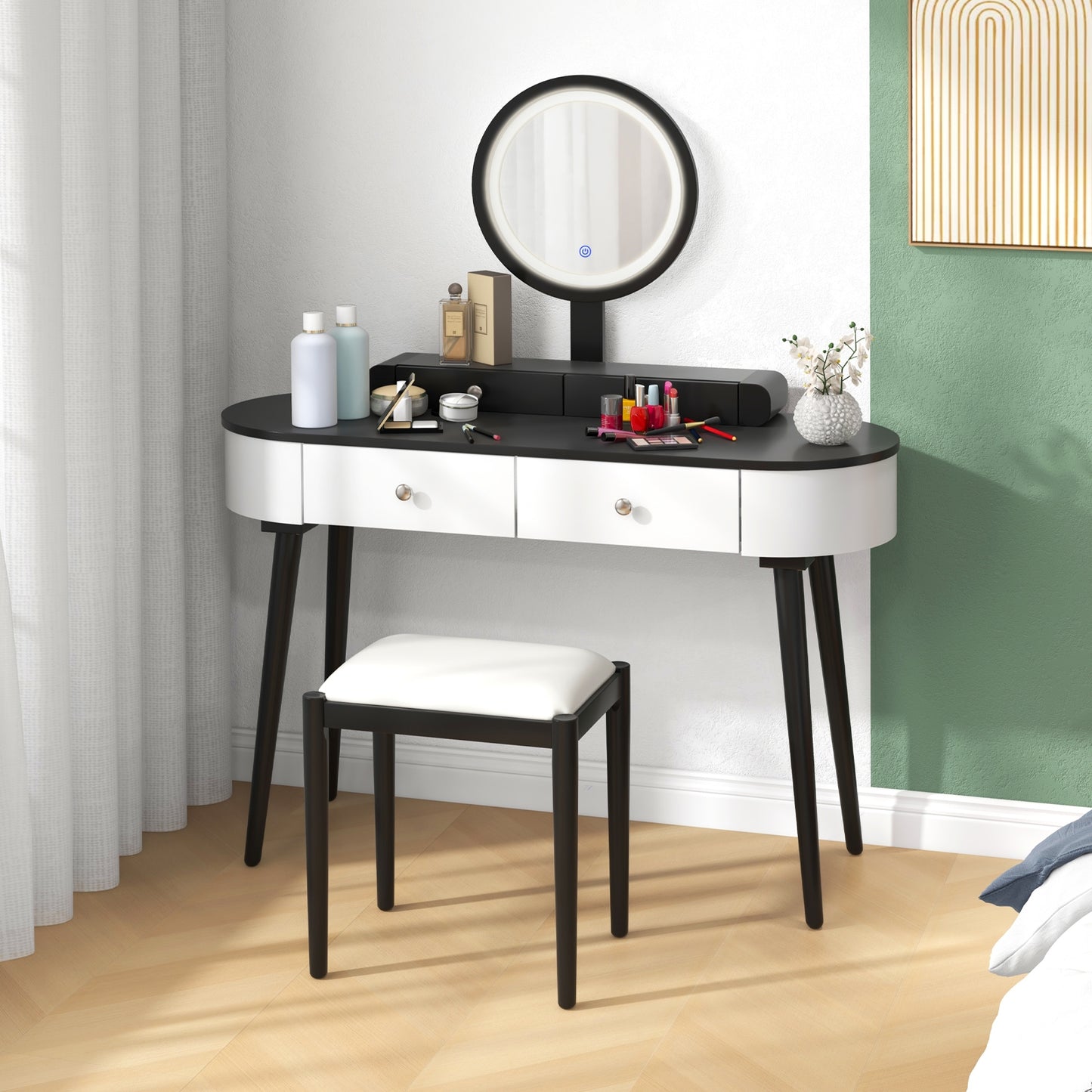 Makeup Vanity Table Set with Adjustable LED Mirror, Cushioned Stool and 4 Storage Drawers – White & Black
