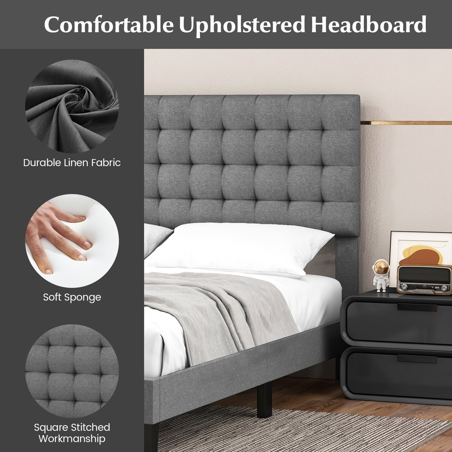 Elegant Upholstered Queen Platform Bed with Stitched Square Headboard in Grey