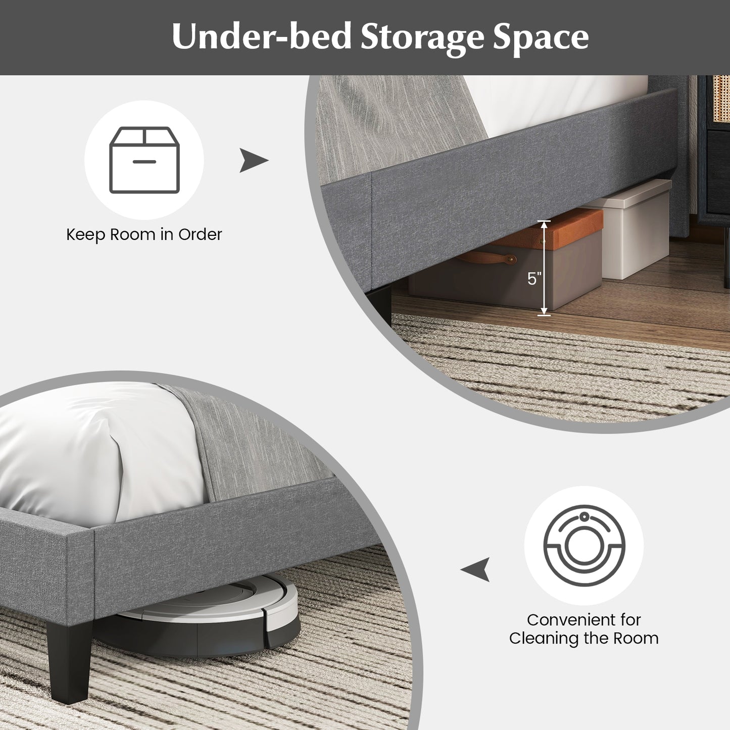 Elegant Upholstered Queen Platform Bed with Stitched Square Headboard in Grey