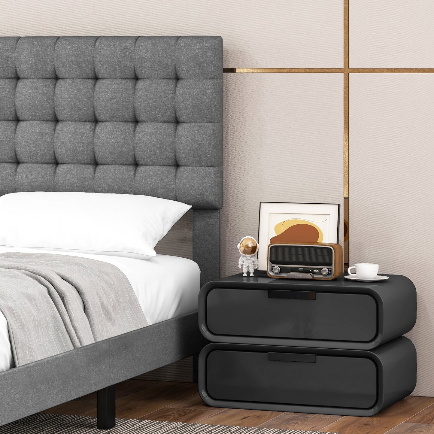 Elegant Upholstered Queen Platform Bed with Stitched Square Headboard in Grey