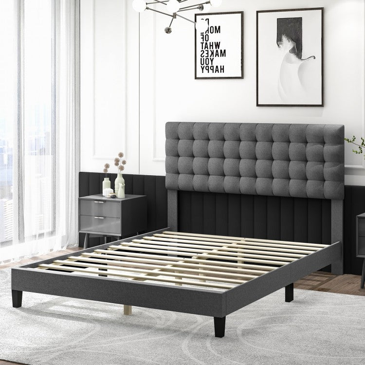 Elegant Upholstered Queen Platform Bed with Stitched Square Headboard in Grey