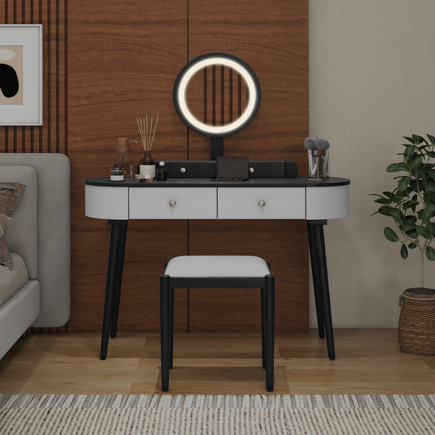 Makeup Vanity Table Set with Adjustable LED Mirror, Cushioned Stool and 4 Storage Drawers – White & Black