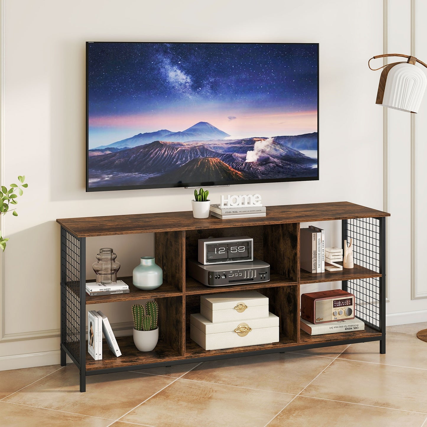 Modern 55 Inch TV Stand with Built-In Charging Station and Open Storage for TVs Up to 65 Inches