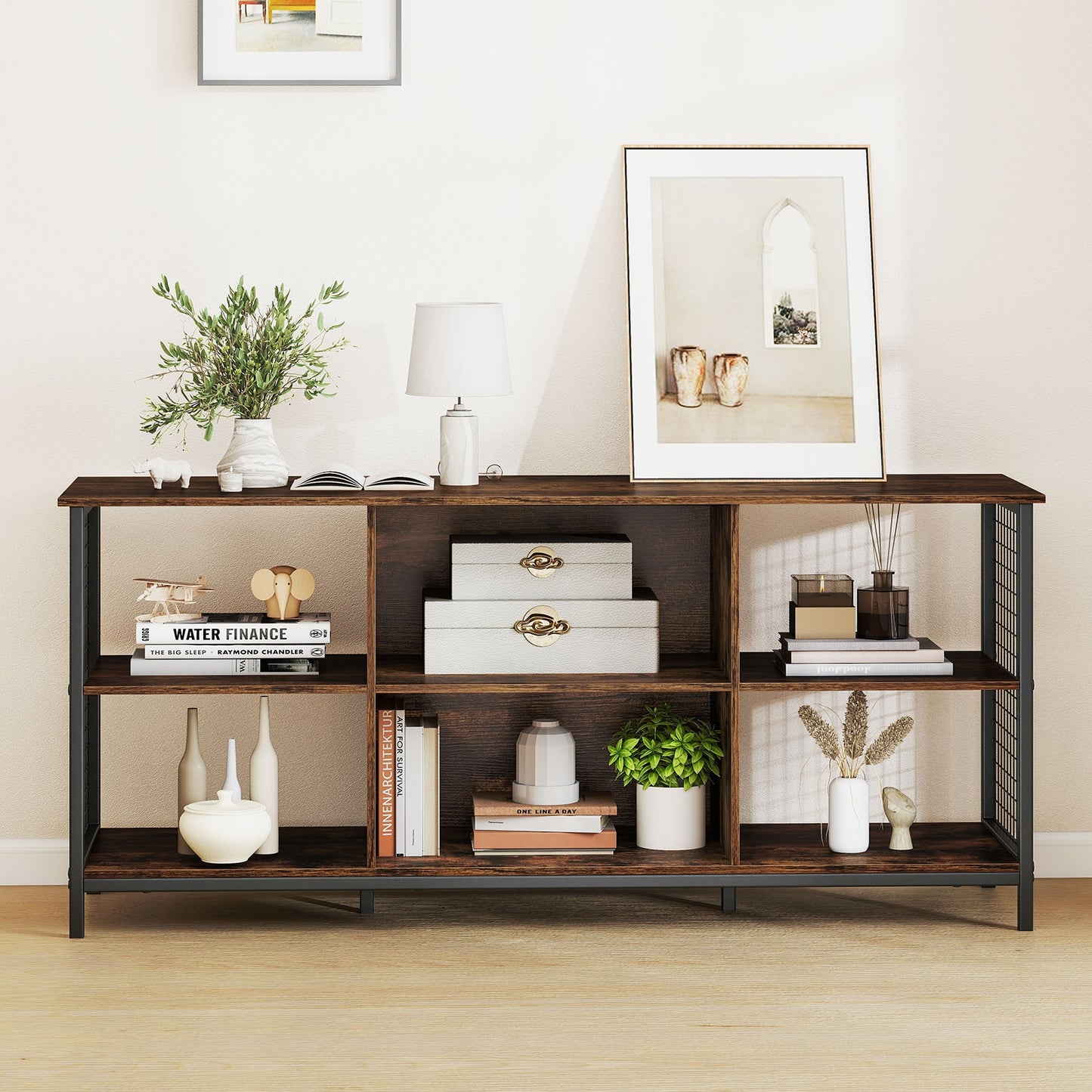 Modern 55 Inch TV Stand with Built-In Charging Station and Open Storage for TVs Up to 65 Inches