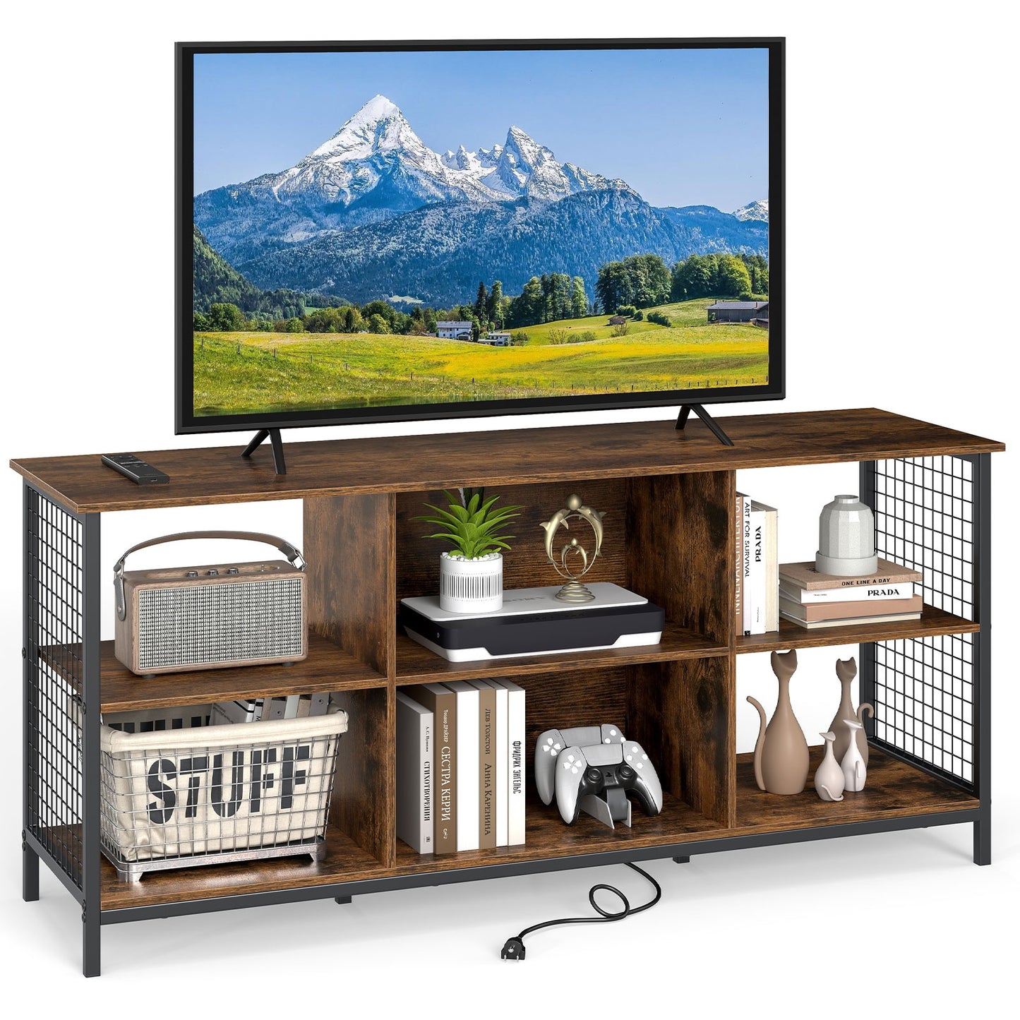 Modern 55 Inch TV Stand with Built-In Charging Station and Open Storage for TVs Up to 65 Inches