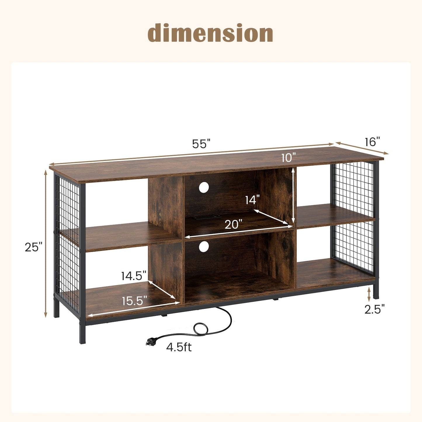 Modern 55 Inch TV Stand with Built-In Charging Station and Open Storage for TVs Up to 65 Inches