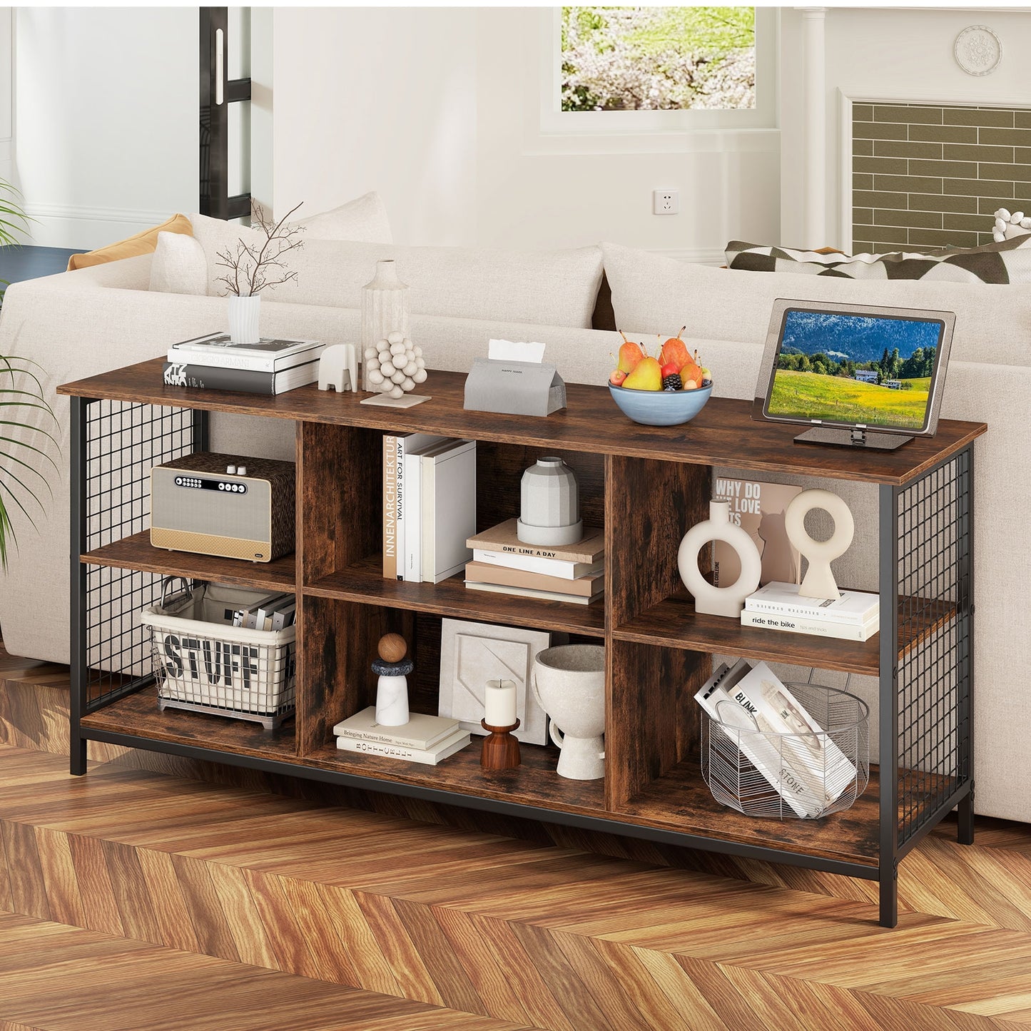Modern 55 Inch TV Stand with Built-In Charging Station and Open Storage for TVs Up to 65 Inches