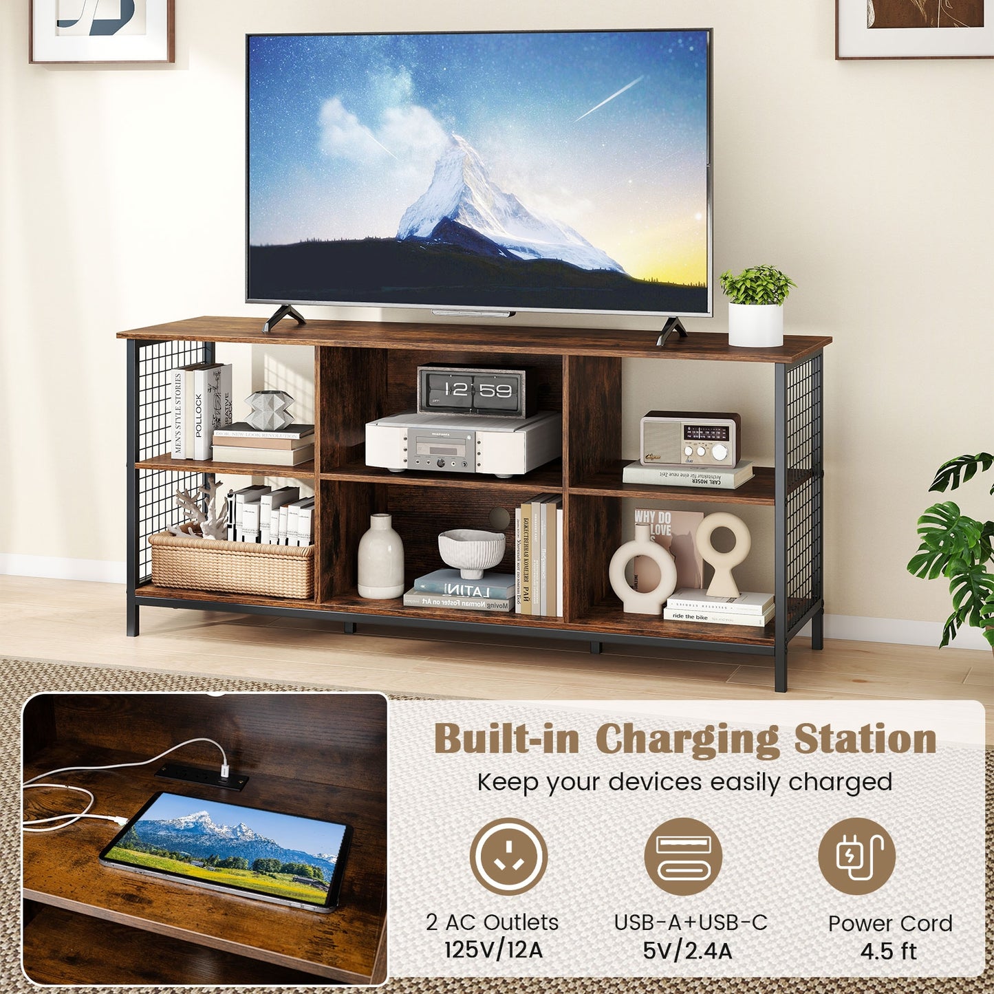 Modern 55 Inch TV Stand with Built-In Charging Station and Open Storage for TVs Up to 65 Inches