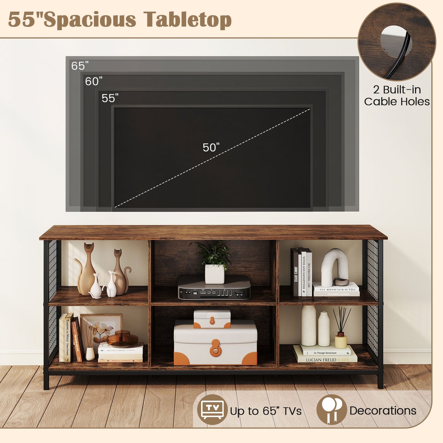 Modern 55 Inch TV Stand with Built-In Charging Station and Open Storage for TVs Up to 65 Inches