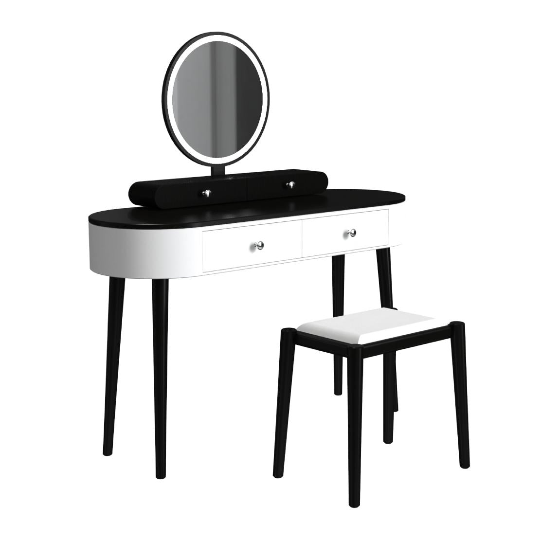 Makeup Vanity Table Set with Adjustable LED Mirror, Cushioned Stool and 4 Storage Drawers – White & Black