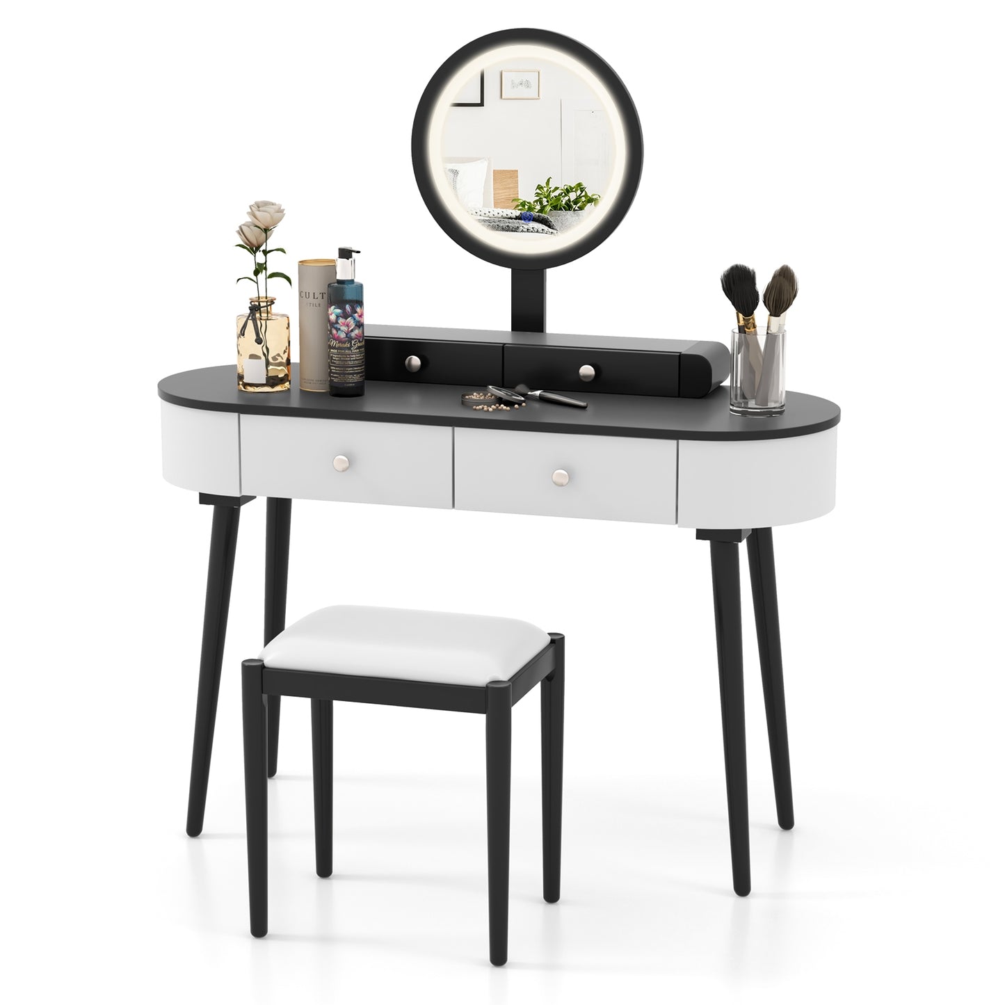 Makeup Vanity Table Set with Adjustable LED Mirror, Cushioned Stool and 4 Storage Drawers – White & Black