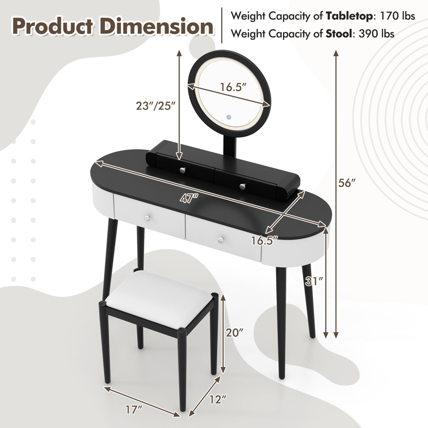 Makeup Vanity Table Set with Adjustable LED Mirror, Cushioned Stool and 4 Storage Drawers – White & Black