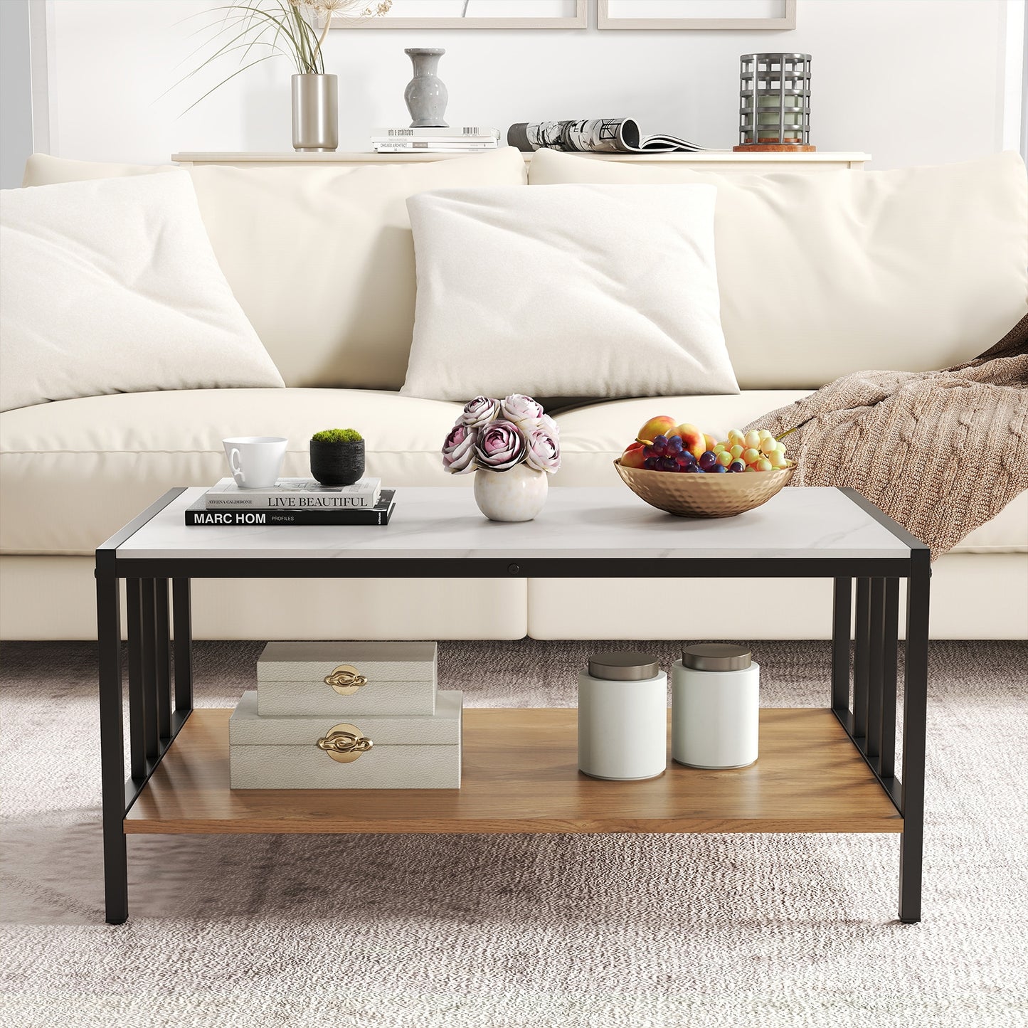 Modern 2 Tier Coffee Table with Faux Marble Sintered Stone Top and Open Storage Shelf