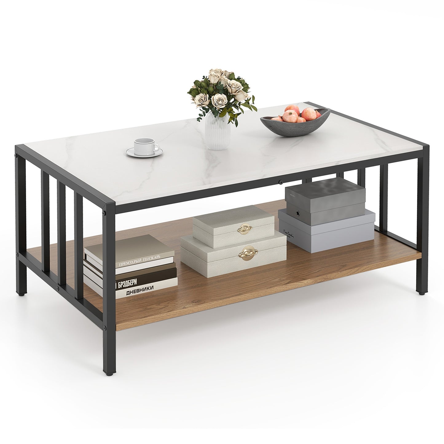 Modern 2 Tier Coffee Table with Faux Marble Sintered Stone Top and Open Storage Shelf