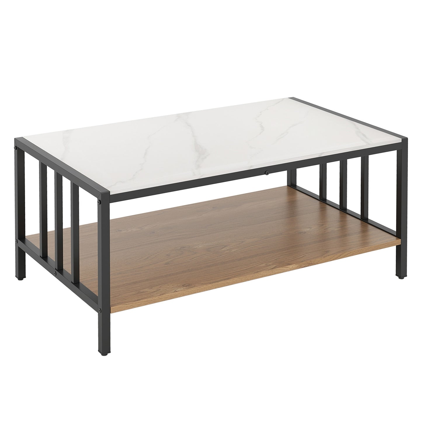 Modern 2 Tier Coffee Table with Faux Marble Sintered Stone Top and Open Storage Shelf