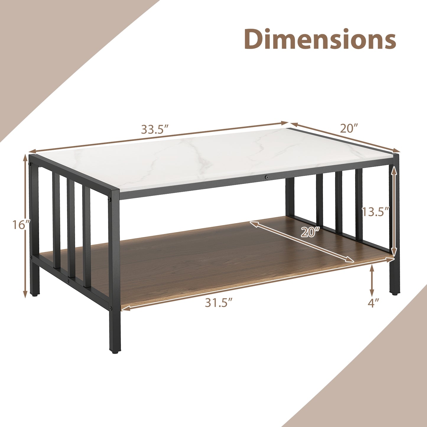Modern 2 Tier Coffee Table with Faux Marble Sintered Stone Top and Open Storage Shelf