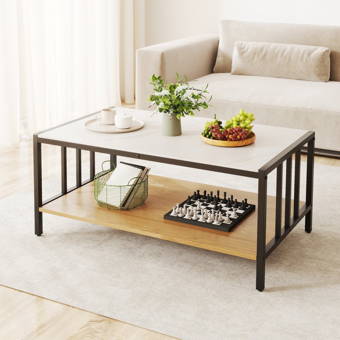 Modern 2 Tier Coffee Table with Faux Marble Sintered Stone Top and Open Storage Shelf