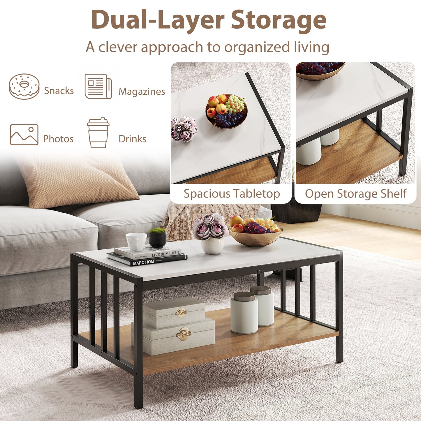 Modern 2 Tier Coffee Table with Faux Marble Sintered Stone Top and Open Storage Shelf