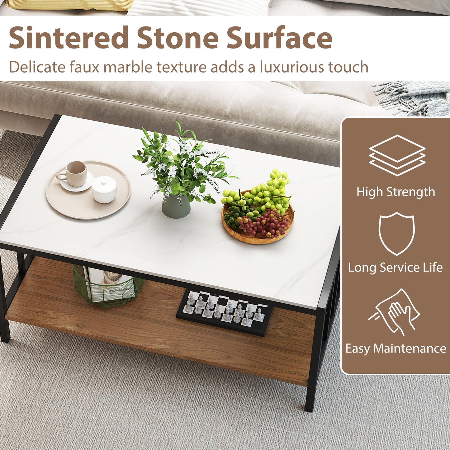 Modern 2 Tier Coffee Table with Faux Marble Sintered Stone Top and Open Storage Shelf
