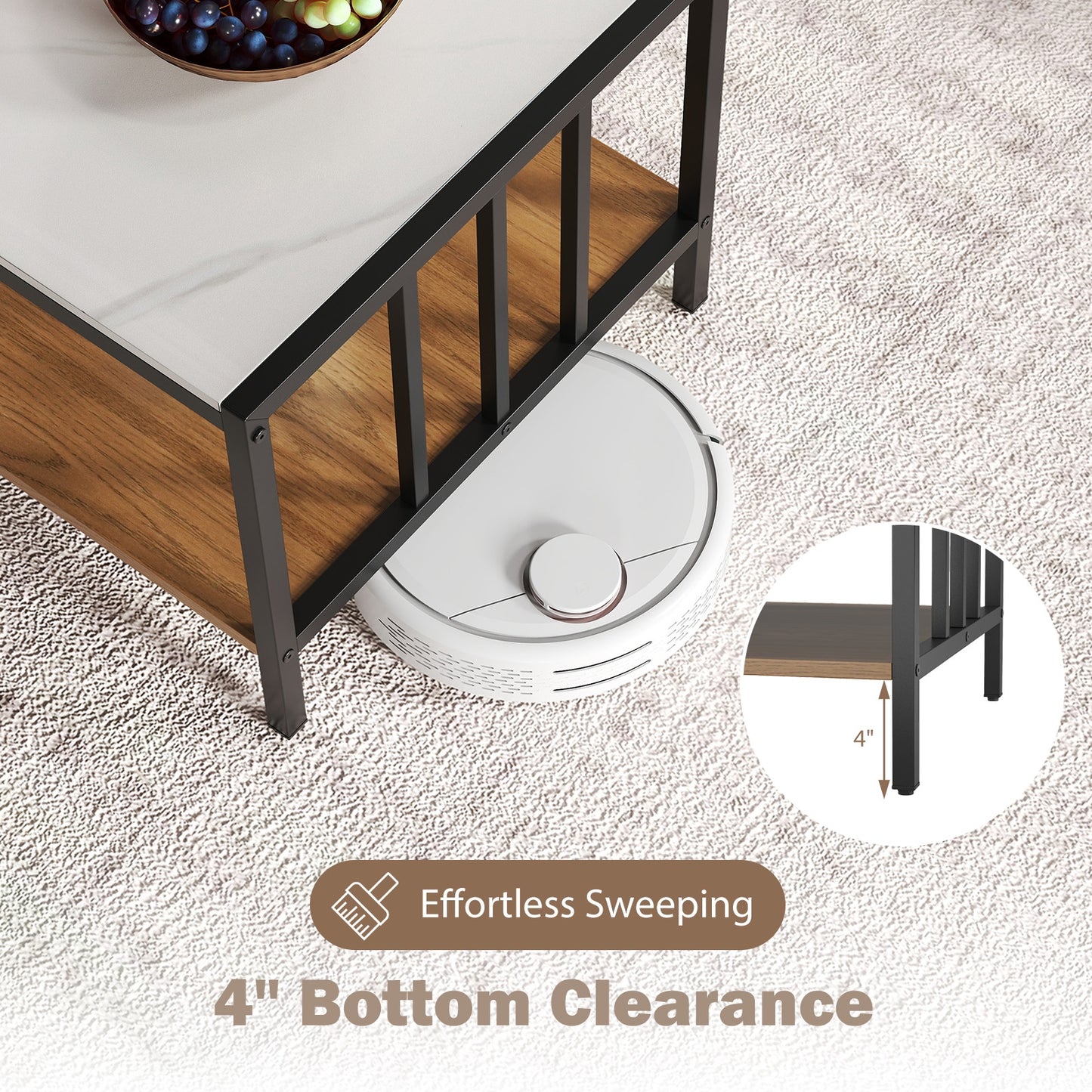 Modern 2 Tier Coffee Table with Faux Marble Sintered Stone Top and Open Storage Shelf
