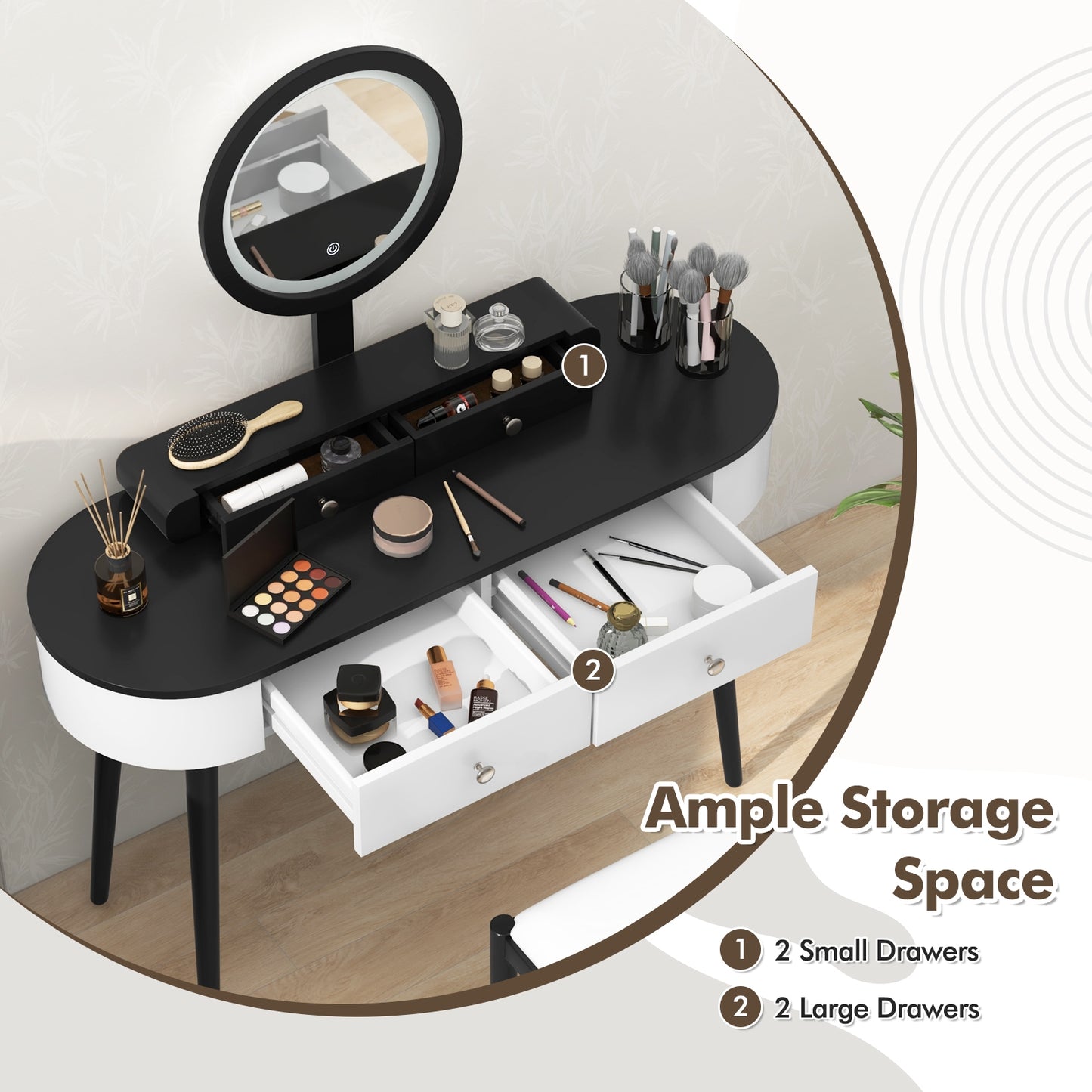 Makeup Vanity Table Set with Adjustable LED Mirror, Cushioned Stool and 4 Storage Drawers – White & Black