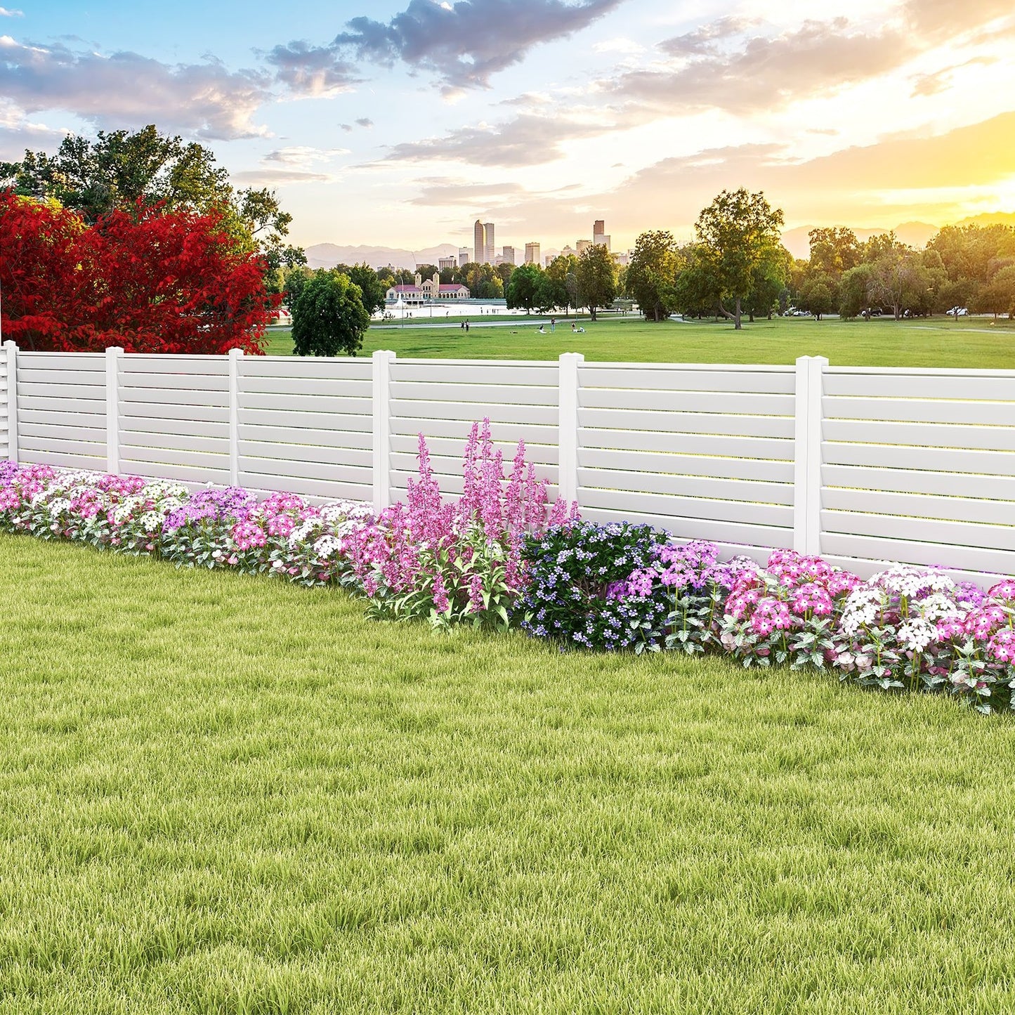 44 x 45 Inch Outdoor PVC Garden Fence Panels with Durable Metal Ground Stakes