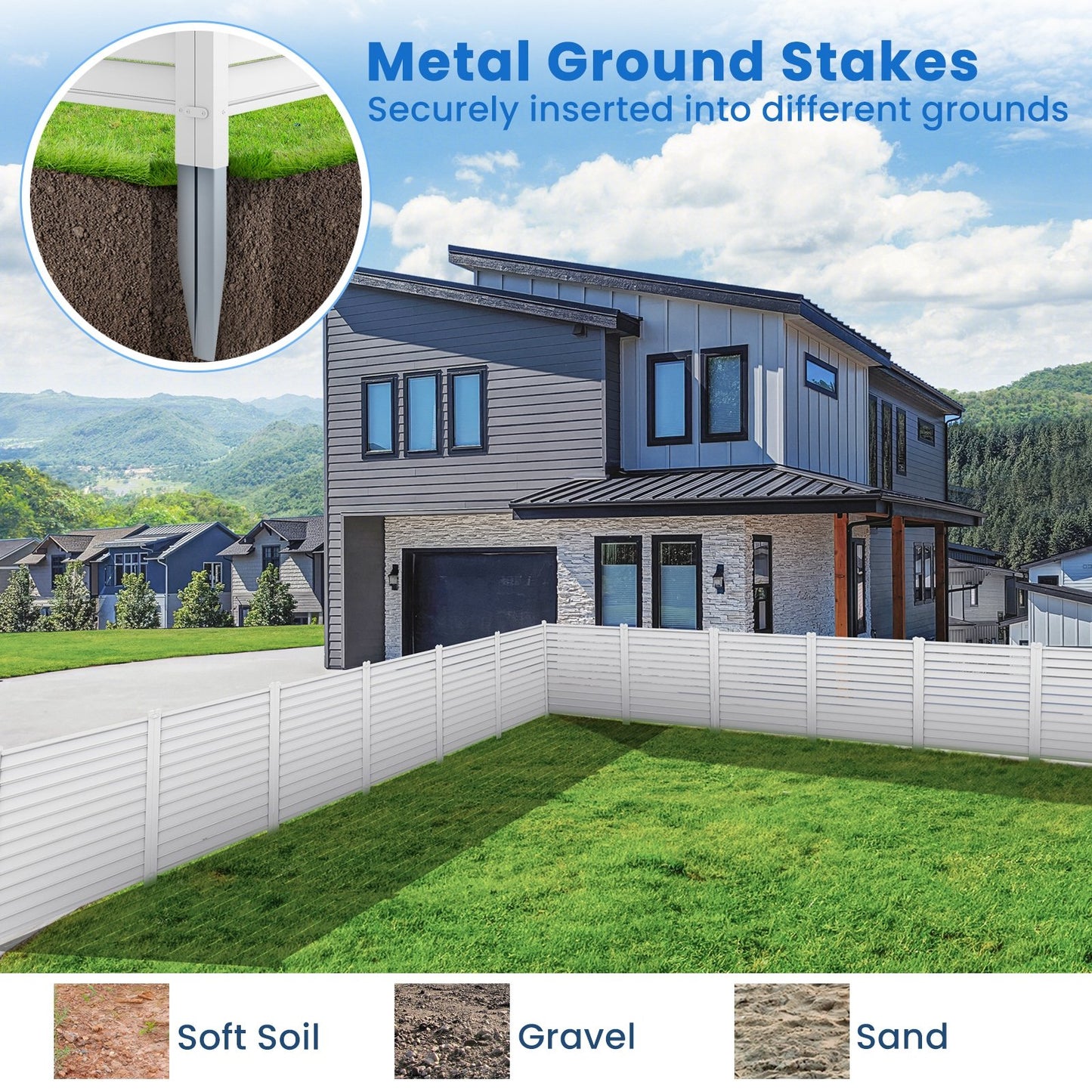 44 x 45 Inch Outdoor PVC Garden Fence Panels with Durable Metal Ground Stakes