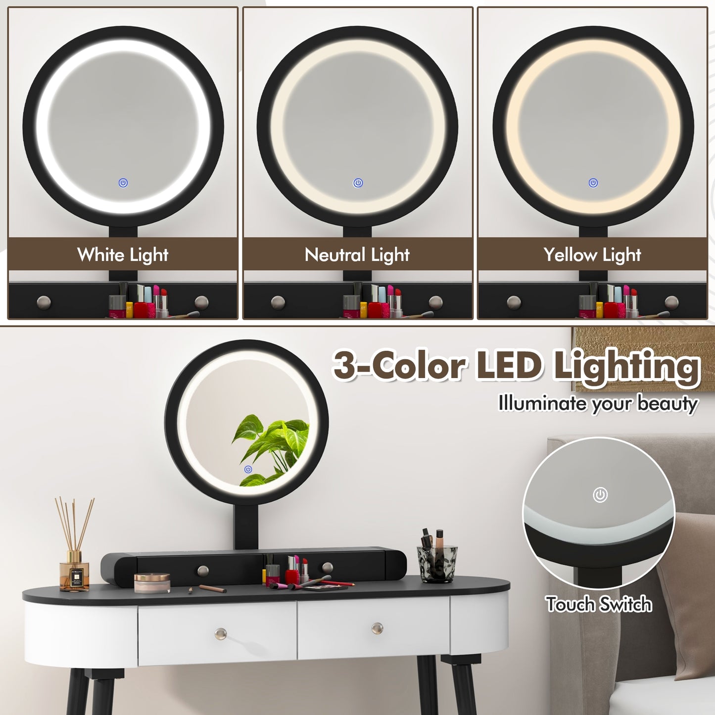Makeup Vanity Table Set with Adjustable LED Mirror, Cushioned Stool and 4 Storage Drawers – White & Black