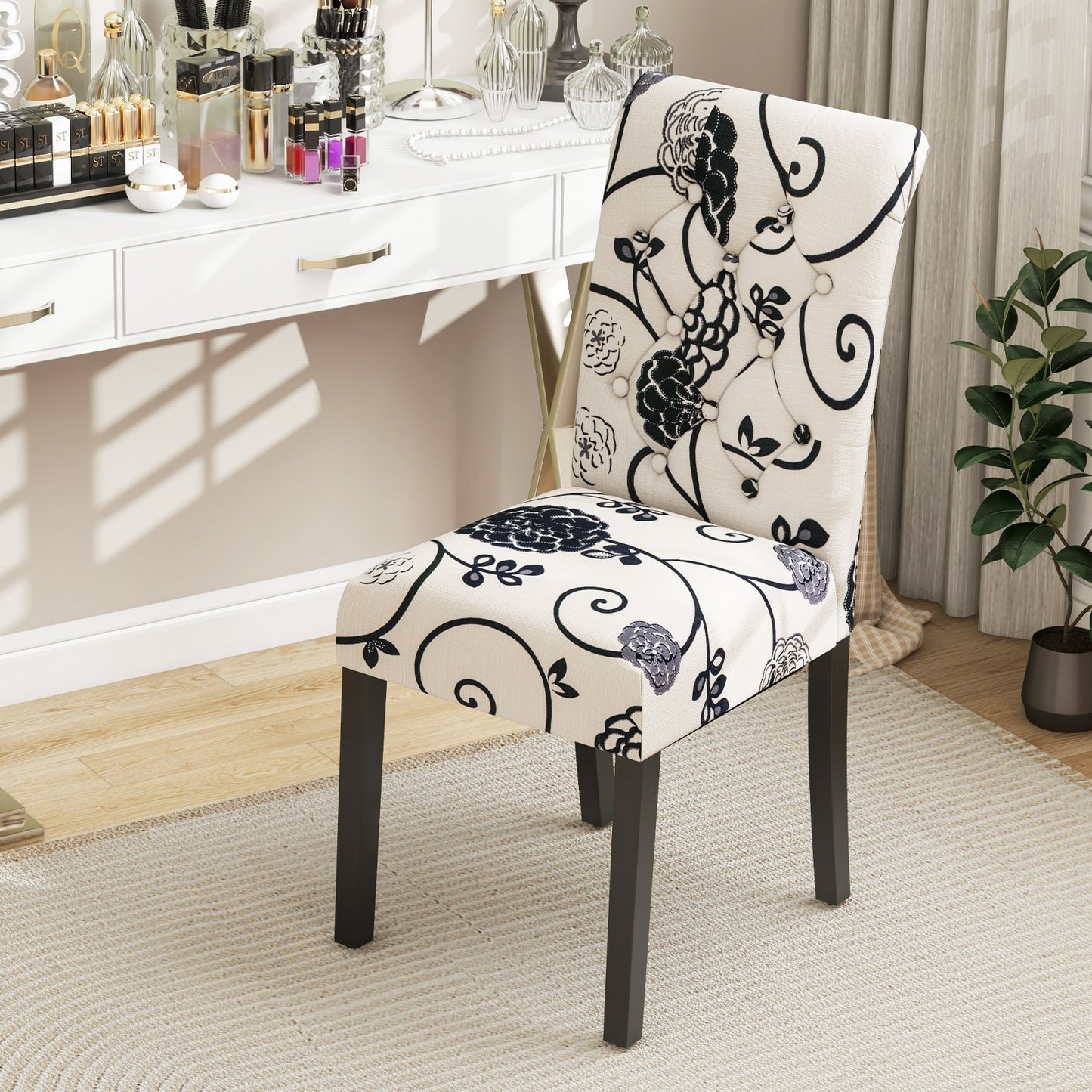 Set of 2 Modern Tufted Dining Chairs with Comfortable Cushioned Seat - White & Blue