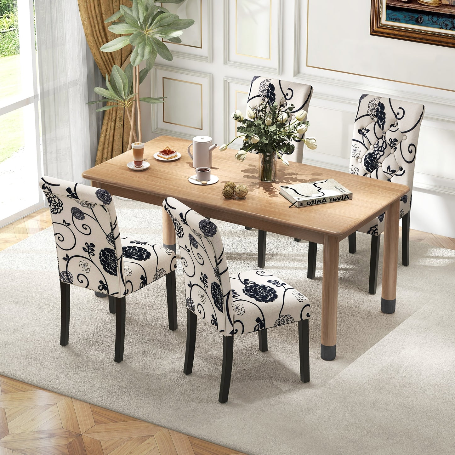 Set of 2 Modern Tufted Dining Chairs with Comfortable Cushioned Seat - White & Blue