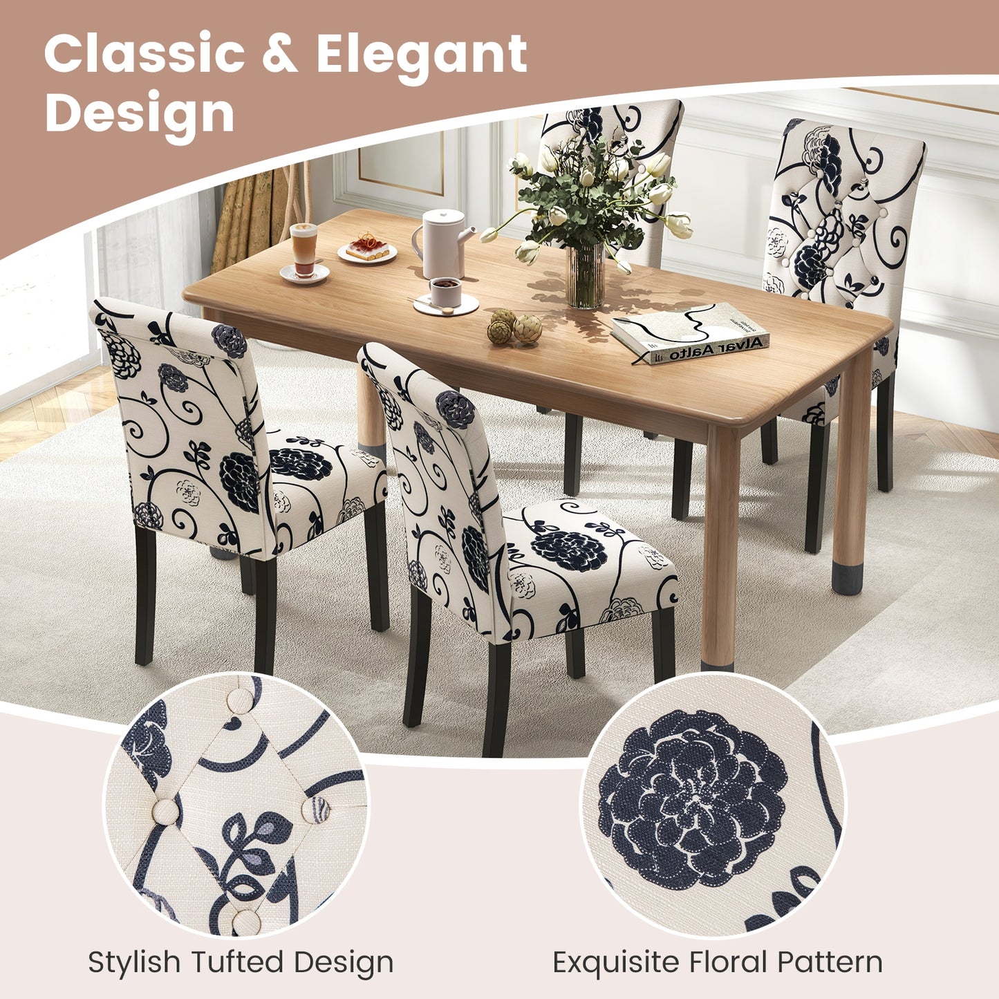Set of 2 Modern Tufted Dining Chairs with Comfortable Cushioned Seat - White & Blue