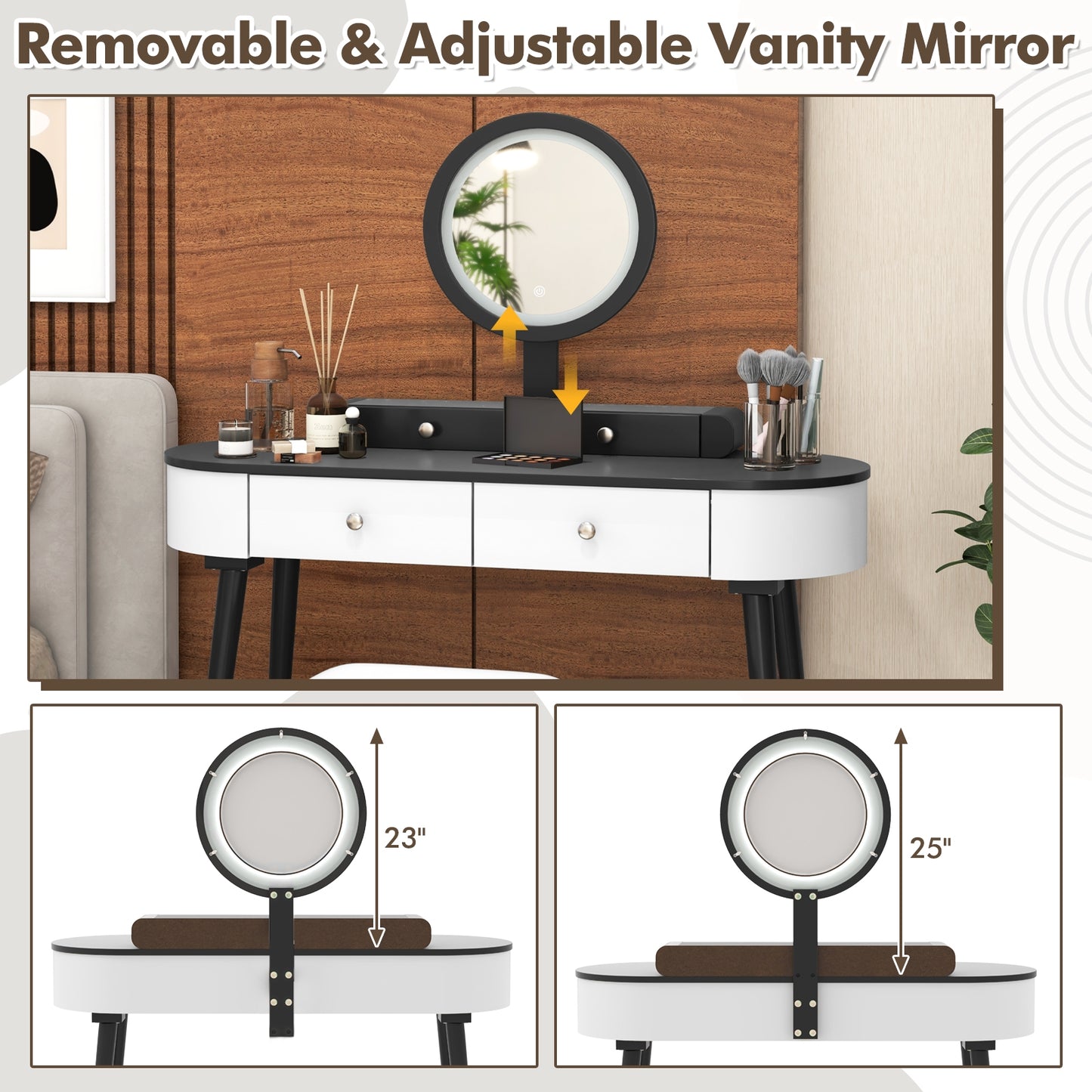 Makeup Vanity Table Set with Adjustable LED Mirror, Cushioned Stool and 4 Storage Drawers – White & Black