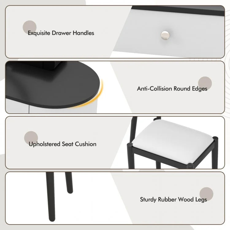 Makeup Vanity Table Set with Adjustable LED Mirror, Cushioned Stool and 4 Storage Drawers – White & Black