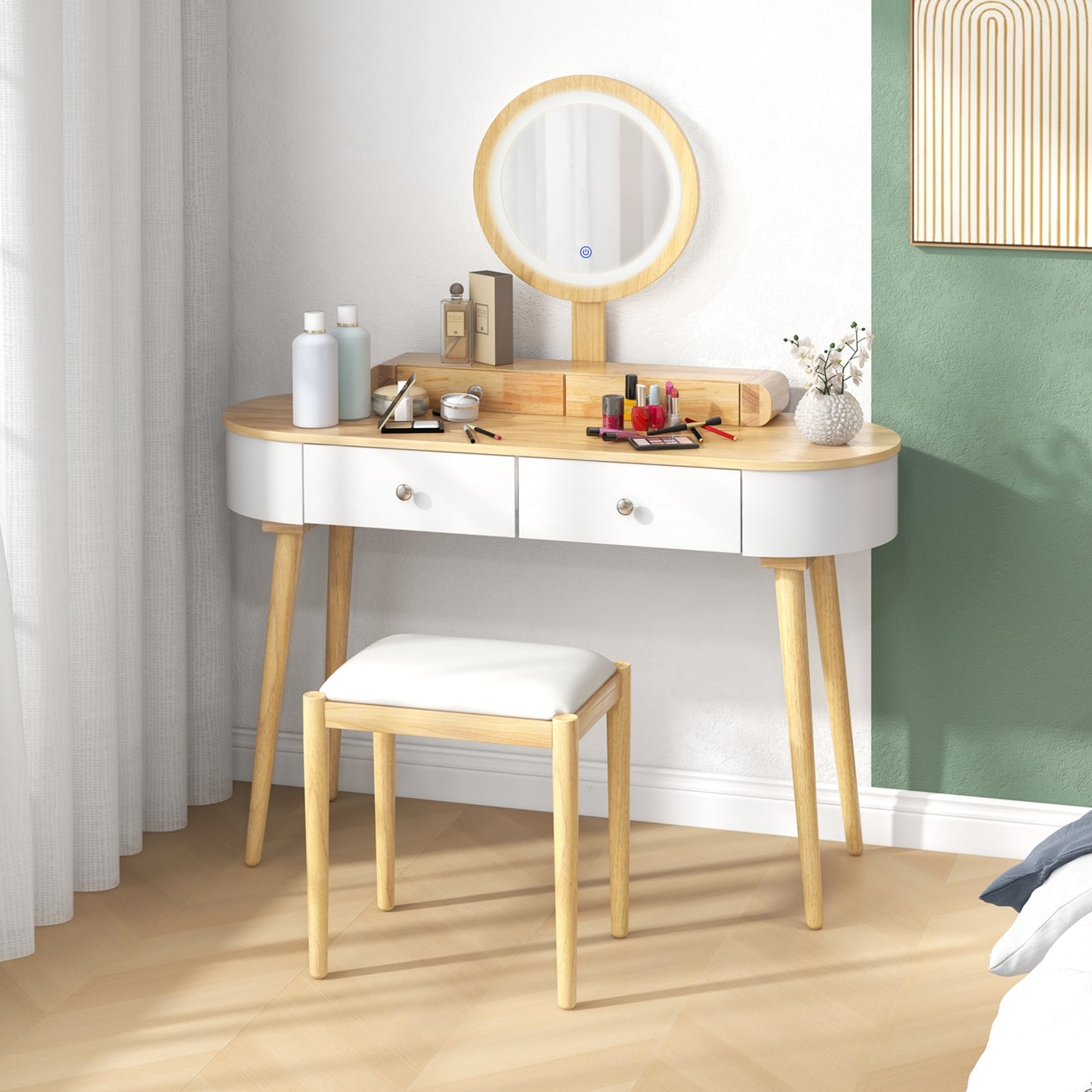Makeup Vanity Table Set with Adjustable LED Mirror, Cushioned Stool and 4 Storage Drawers – White & Natural