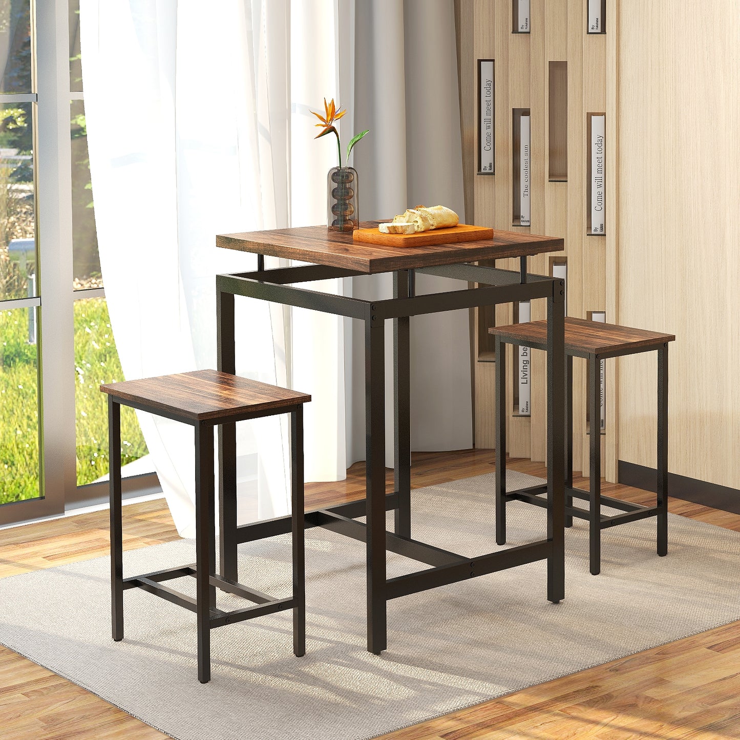 Modern Industrial Pub Table Set with Floating Top and Footrest for Kitchen or Dining Area