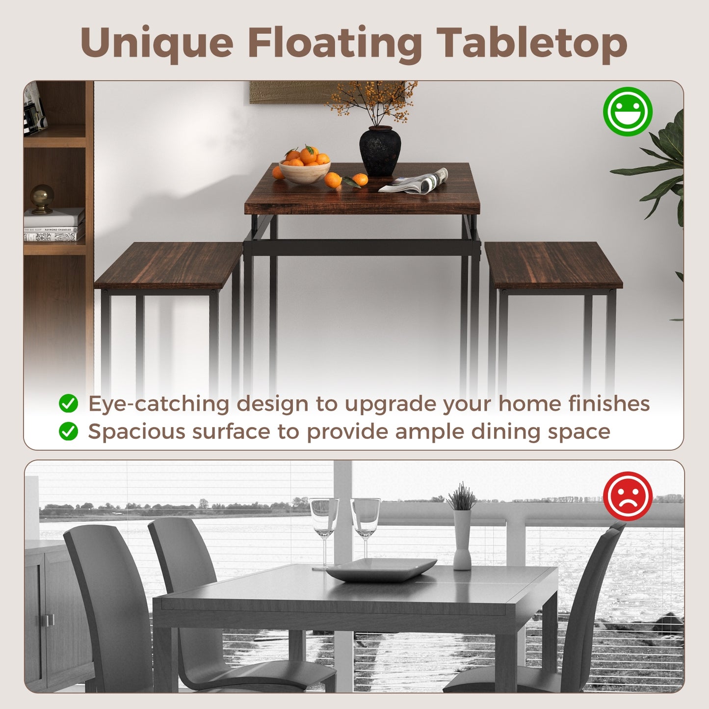 Modern Industrial Pub Table Set with Floating Top and Footrest for Kitchen or Dining Area