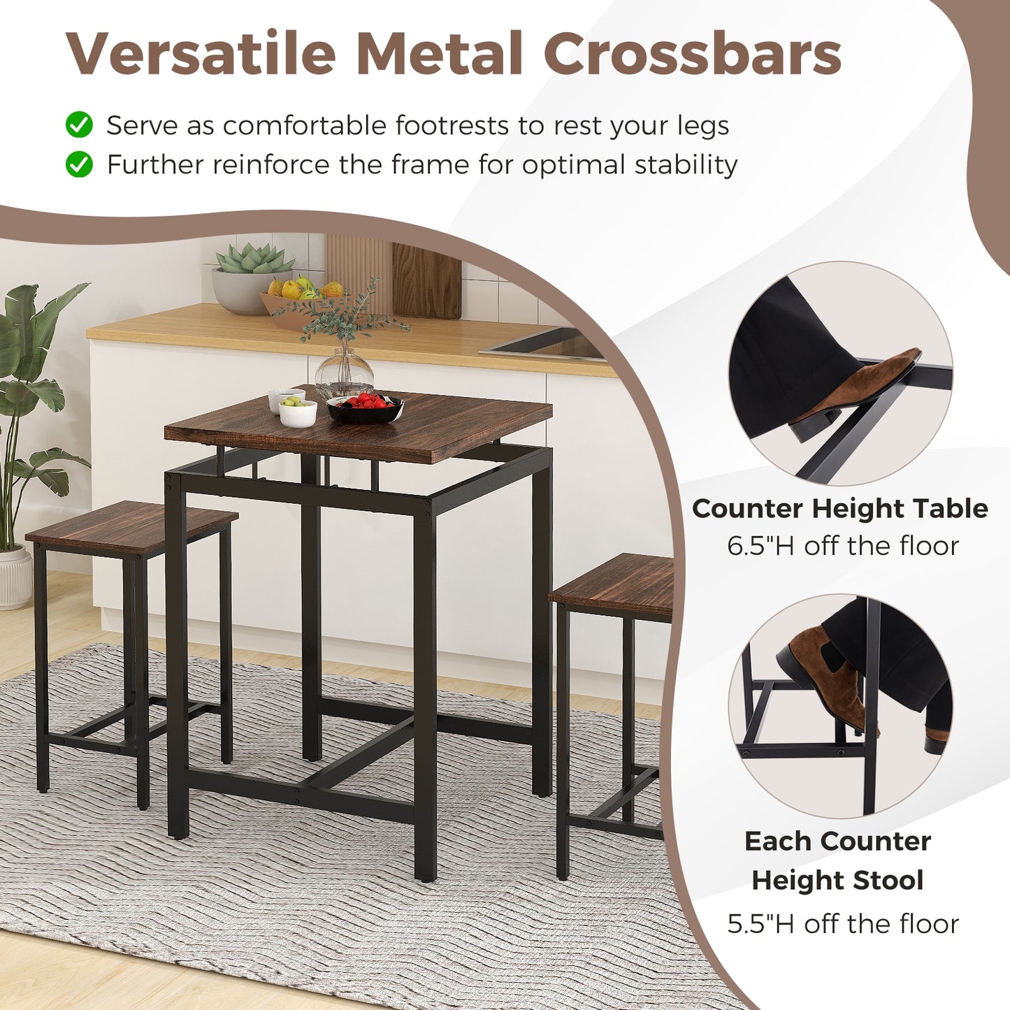 Modern Industrial Pub Table Set with Floating Top and Footrest for Kitchen or Dining Area