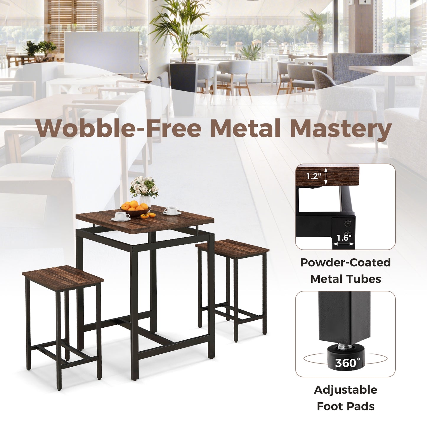 Modern Industrial Pub Table Set with Floating Top and Footrest for Kitchen or Dining Area