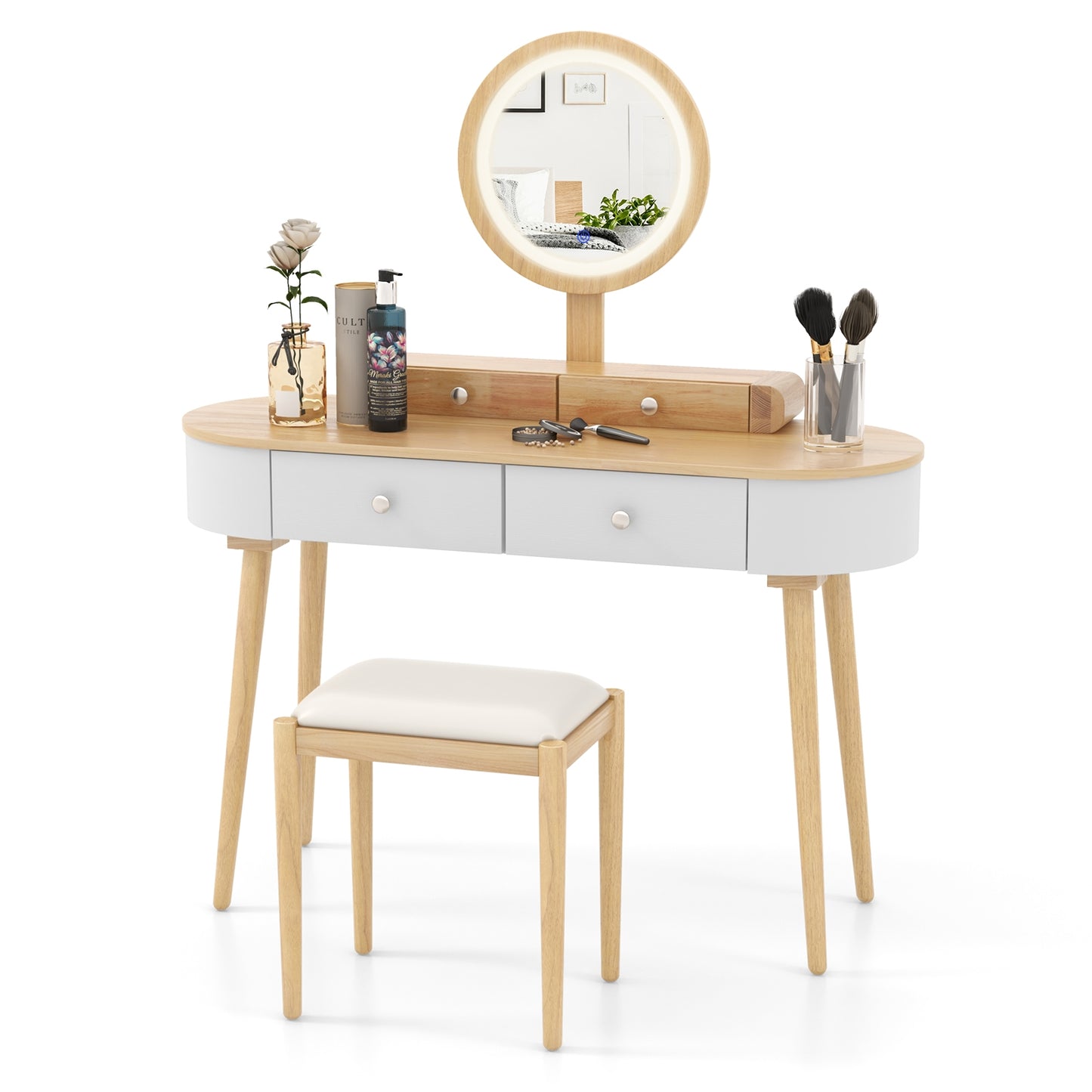Makeup Vanity Table Set with Adjustable LED Mirror, Cushioned Stool and 4 Storage Drawers – White & Natural