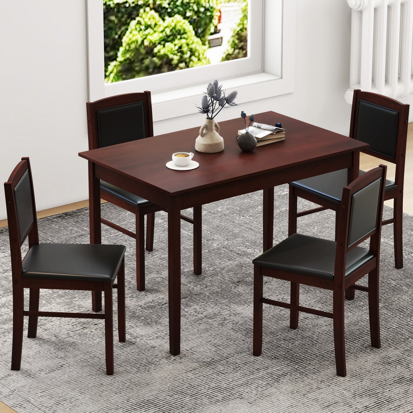5 Piece Wooden Dining Set with Padded Chairs and Rectangular Table for Small Spaces - Brown