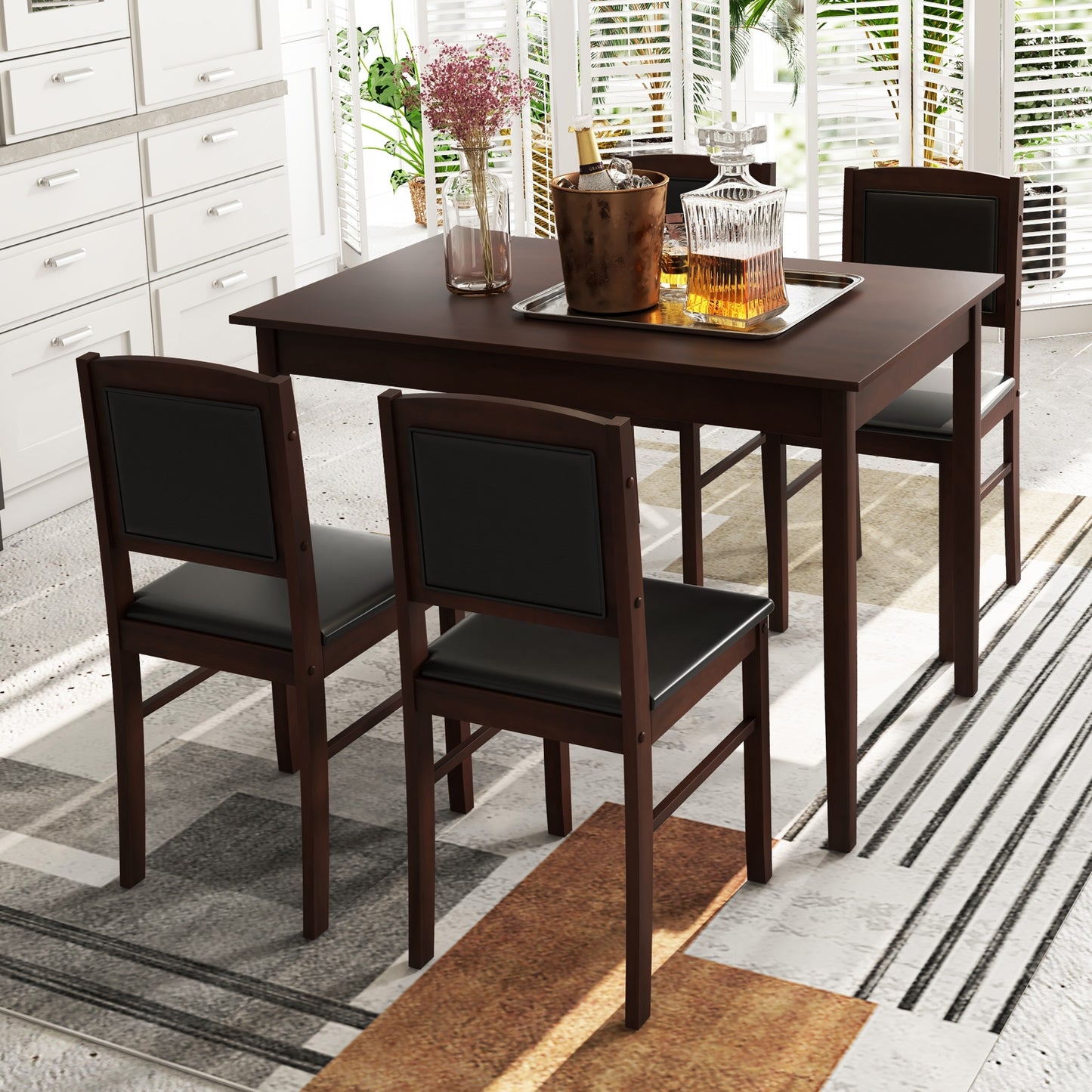 5 Piece Wooden Dining Set with Padded Chairs and Rectangular Table for Small Spaces - Brown