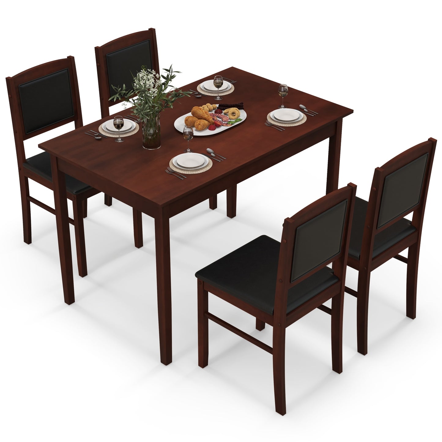 5 Piece Wooden Dining Set with Padded Chairs and Rectangular Table for Small Spaces - Brown