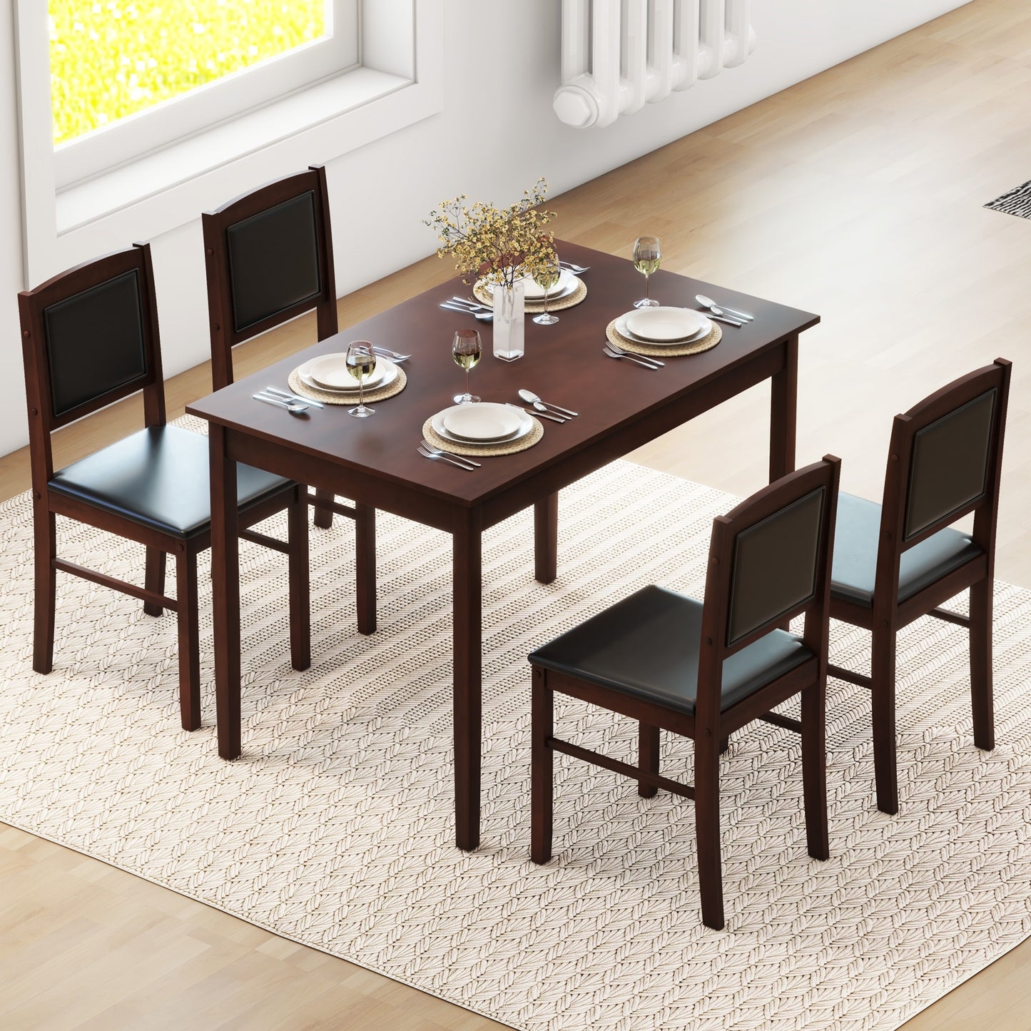 5 Piece Wooden Dining Set with Padded Chairs and Rectangular Table for Small Spaces - Brown