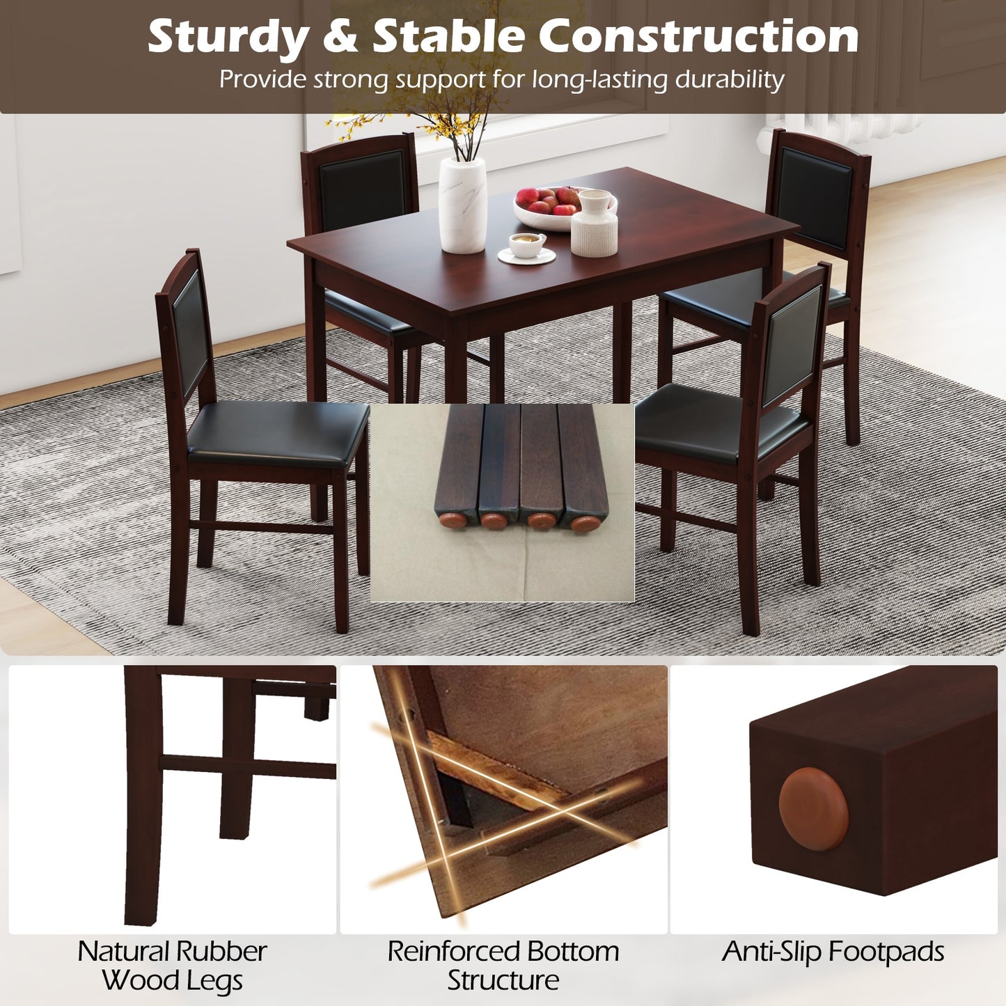 5 Piece Wooden Dining Set with Padded Chairs and Rectangular Table for Small Spaces - Brown