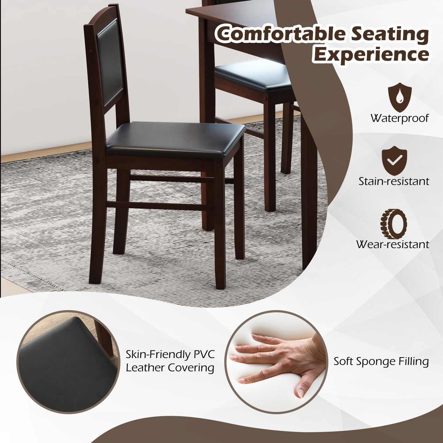5 Piece Wooden Dining Set with Padded Chairs and Rectangular Table for Small Spaces - Brown