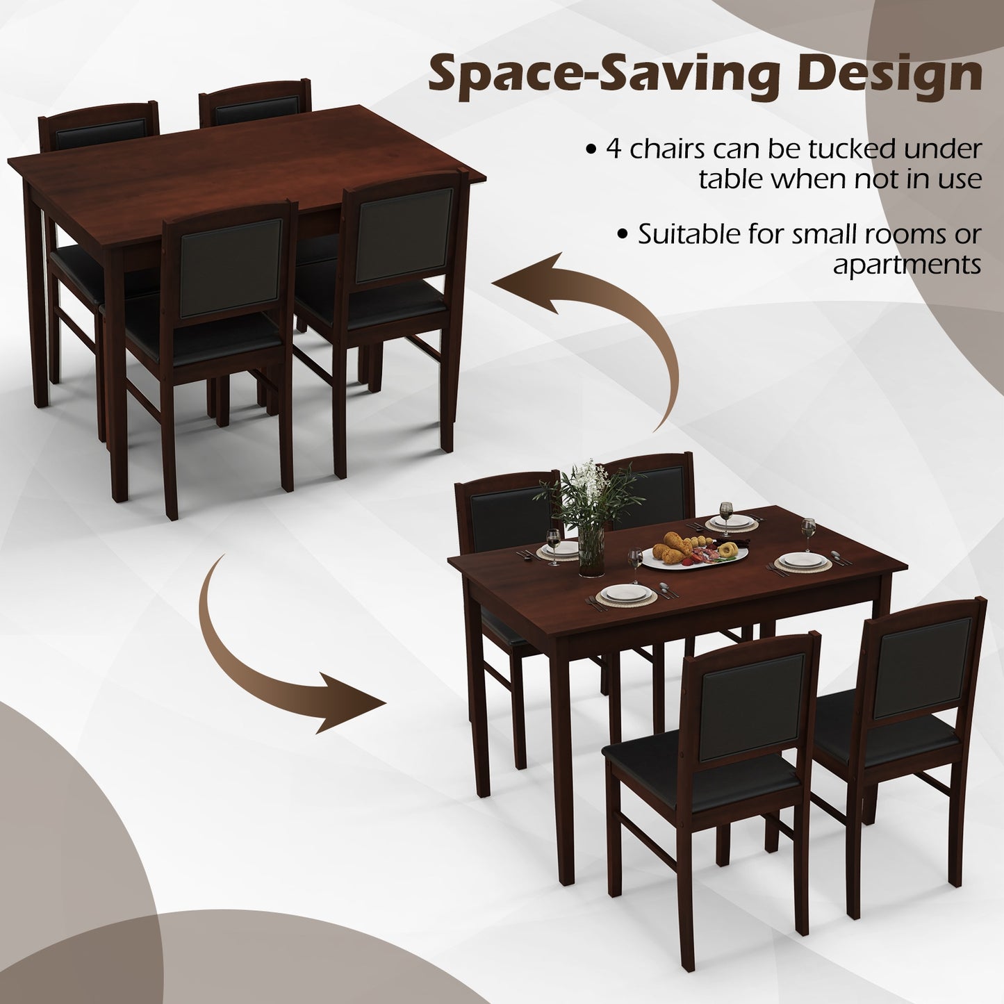 5 Piece Wooden Dining Set with Padded Chairs and Rectangular Table for Small Spaces - Brown