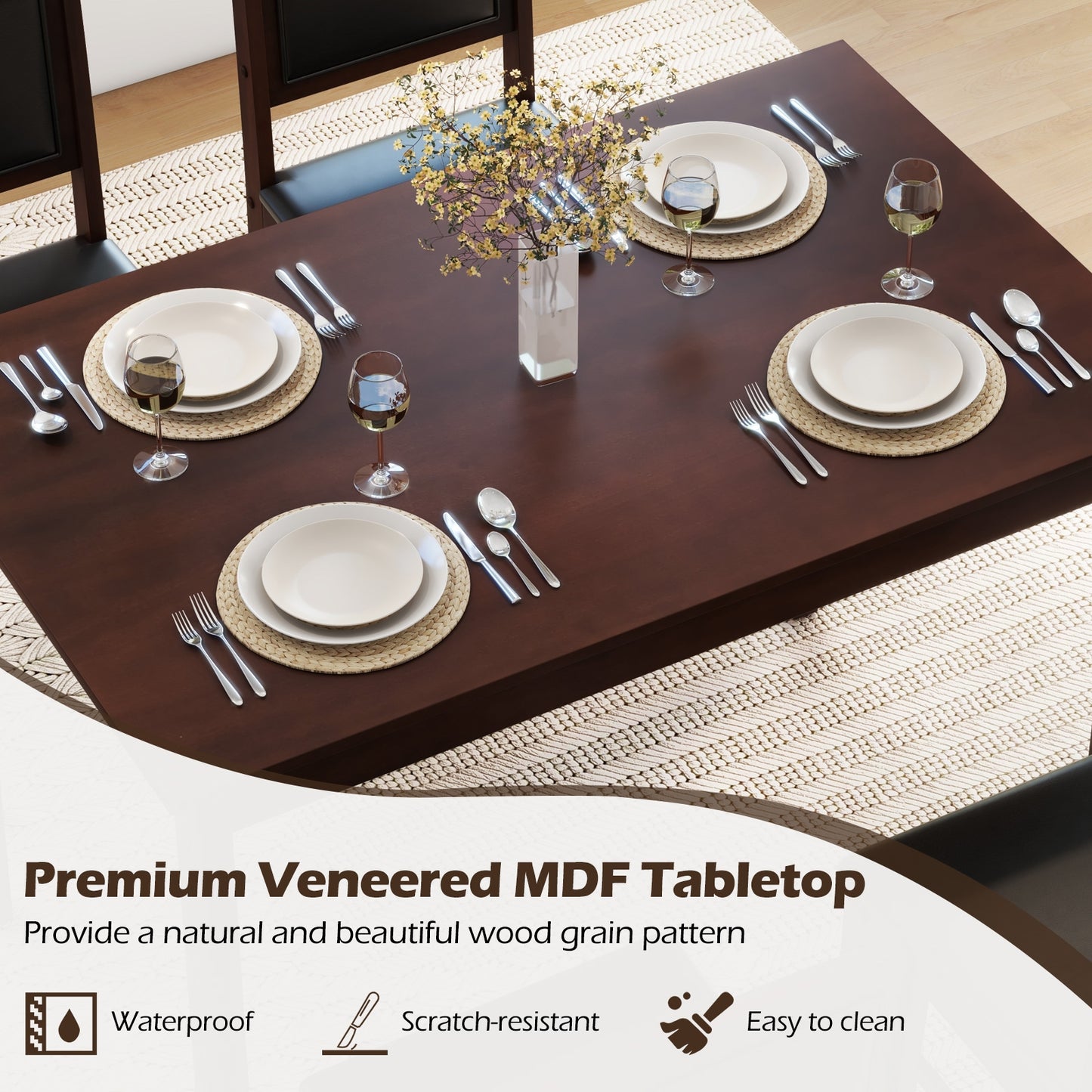 5 Piece Wooden Dining Set with Padded Chairs and Rectangular Table for Small Spaces - Brown