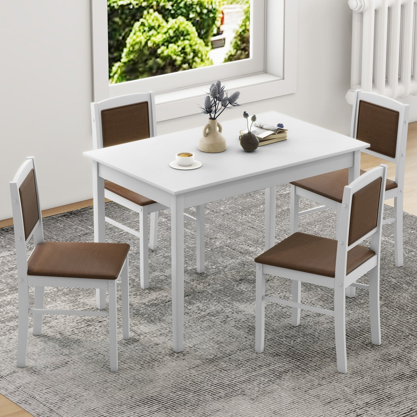 5 Piece Wooden Dining Set with Padded Chairs and Rectangular Table for Small Spaces - White