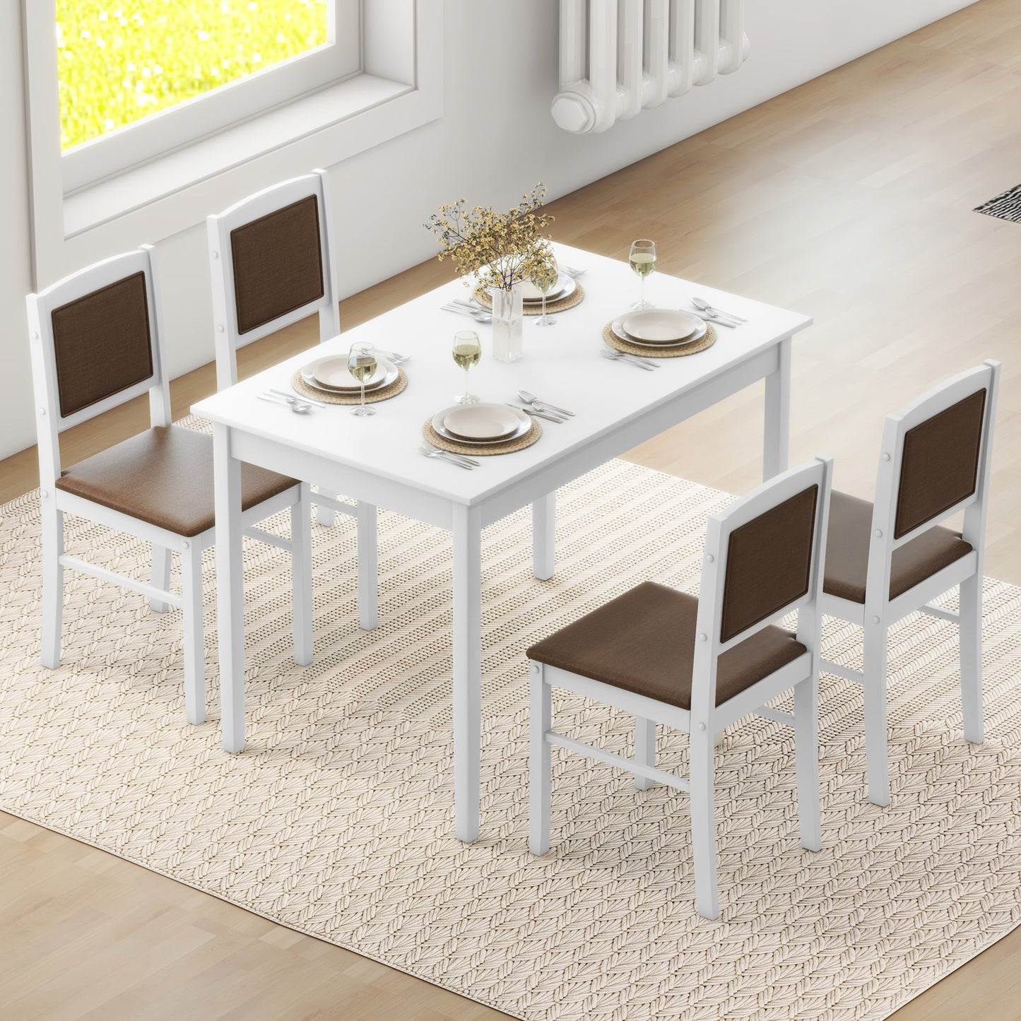5 Piece Wooden Dining Set with Padded Chairs and Rectangular Table for Small Spaces - White