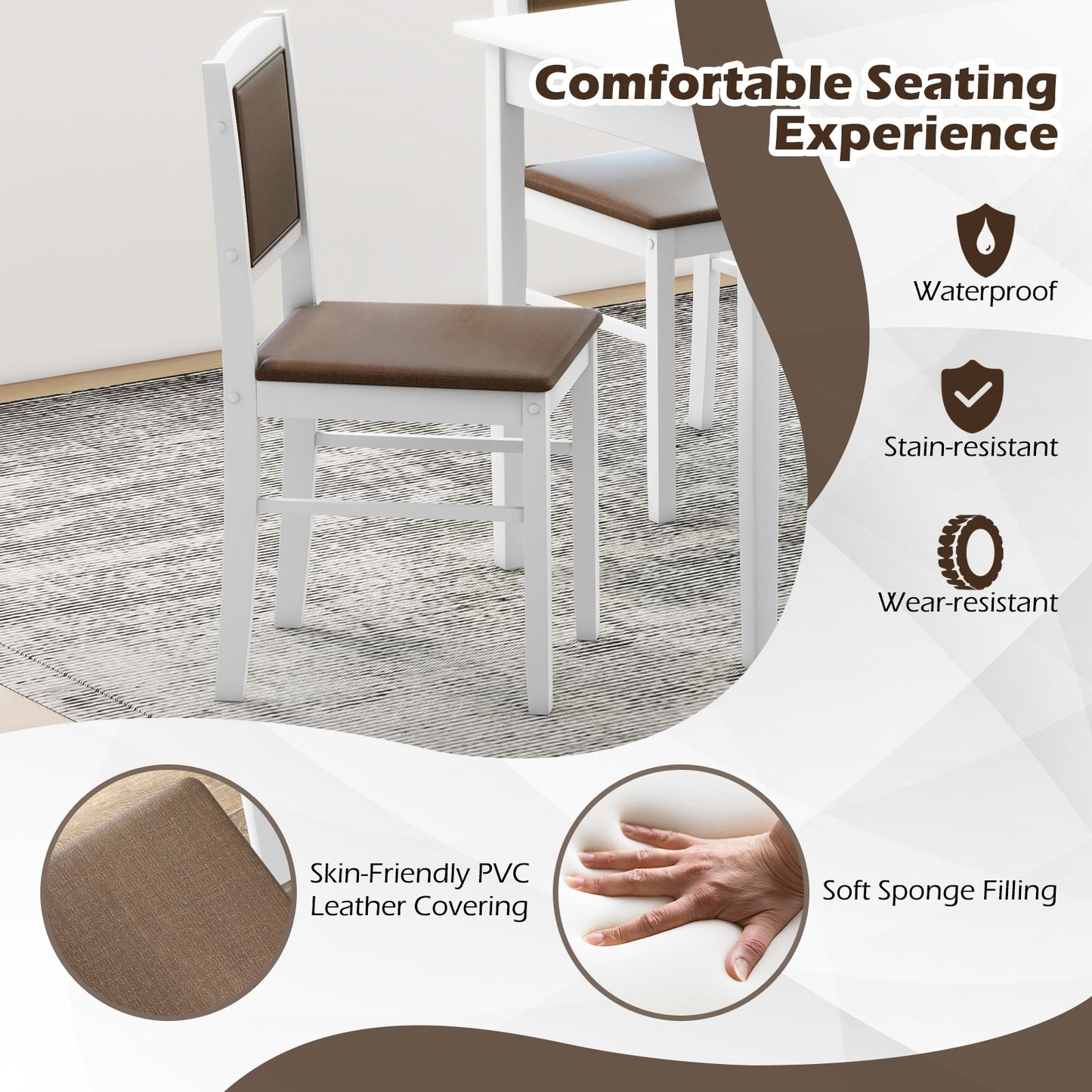 5 Piece Wooden Dining Set with Padded Chairs and Rectangular Table for Small Spaces - White
